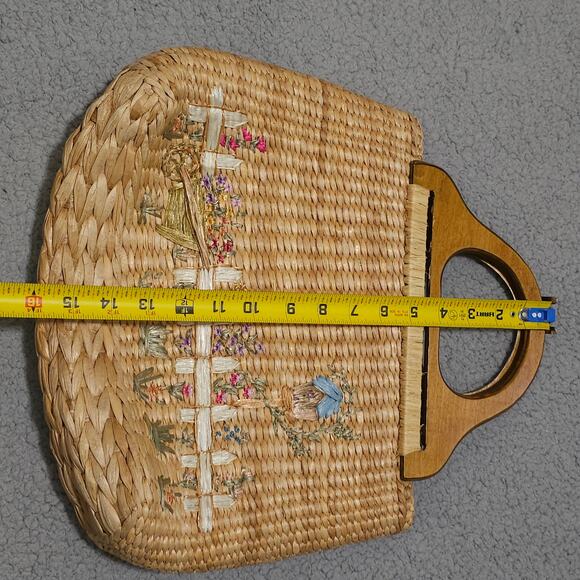 Vintage Cappelli Straw Handbag Wood Handles Floral Lined Woven Purse Cottagecore - Picture 3 of 11